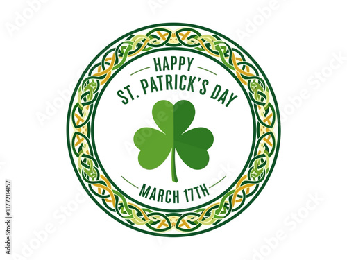 St. Patrick's Day celebration with shamrock and Celtic patterns, illustration, festive atmosphere, circular frame, traditional design