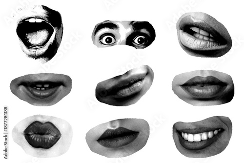 A collection of diverse facial expressions, showcasing a range of emotions through close-up shots of eyes and mouths. Capturing the essence of human feelings. 