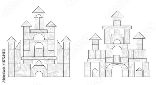 Childrens wooden block castles shown in two variations with geometric shapes like cones, cubes, and arches in line art style.