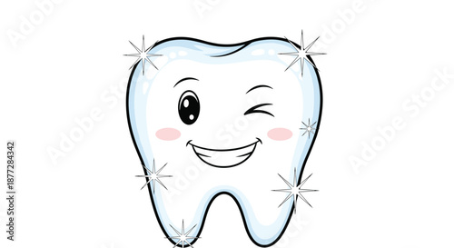 Happy winking cartoon tooth with sparkling shines on its enamel surfaces shown in a clean and friendly medical illustration.