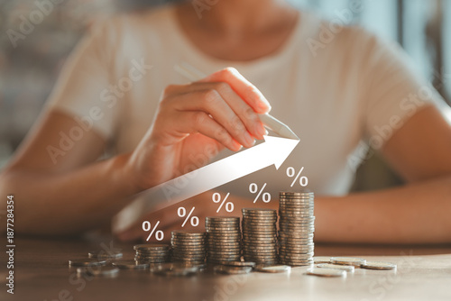 Savings dividend percentage. Financial planning concepts. Interest dividends from fixed deposits. Financial insurance premiums. Retirement money. Results of bracelets from investing in stocks.