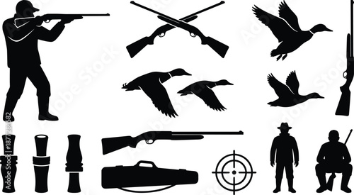 Collection of hunting silhouettes with hunter, shotguns, flying ducks and geese, targets and gear, black outdoor sport icons isolated on white background design concepts