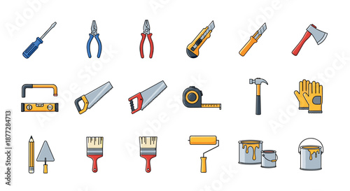 Comprehensive assortment of construction and painting tools including saws hammers brushes and paint cans for home improvement projects.
