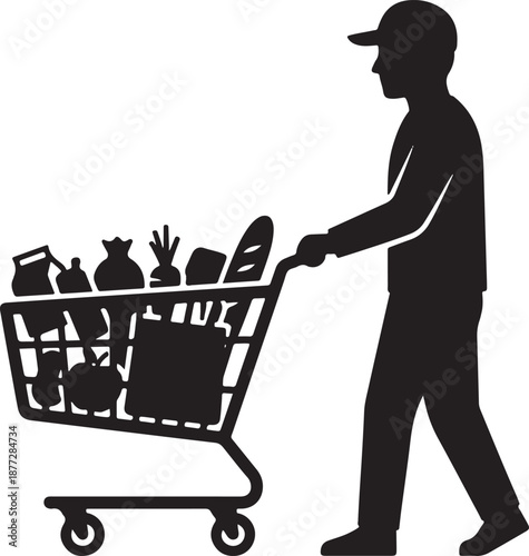 Man pushing shopping cart filled with groceries