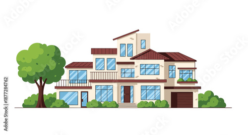 Luxurious multi-level modern house features large windows a garage and lush green trees and bushes in the surrounding front yard.