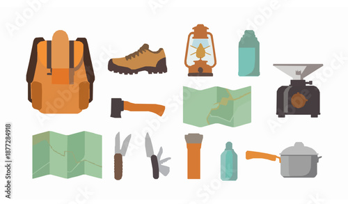 Outdoor tourism and picnic accessories collection with camping travel gear flat vector design
