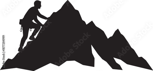 Man climbing mountain peak with determination and strength