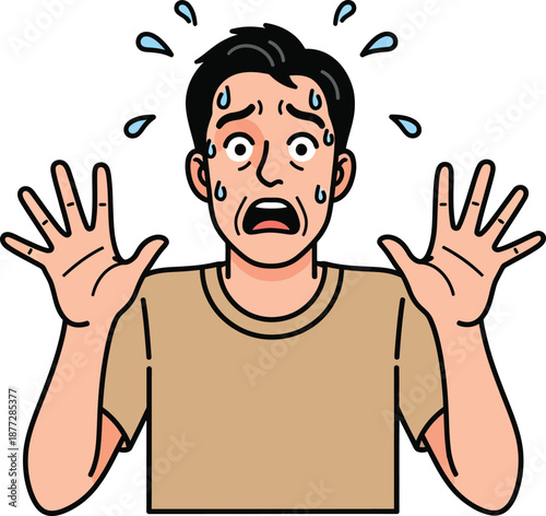 Terrified cartoon man with black hair sweating and raising his hands in a panicked shocked expression.
