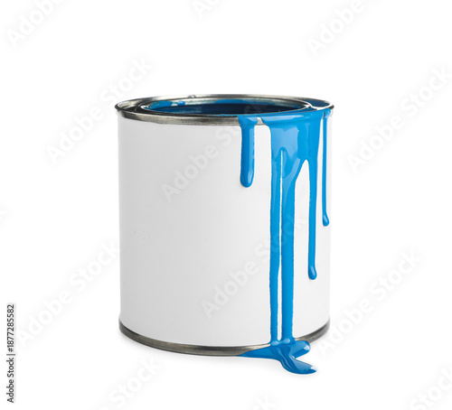 Can of blue paint on white ...