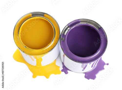 Cans of yellow and purple p...