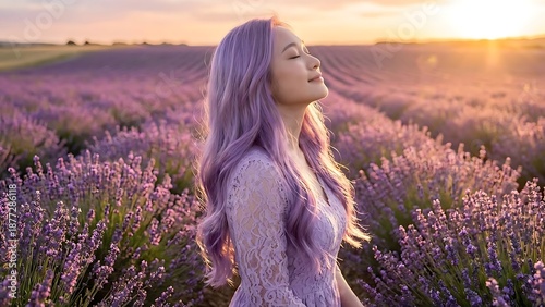 Wallpaper Mural A woman with purple hair enjoying the sunset in a vibrant lavender field, feeling peaceful and serene. Torontodigital.ca