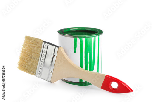 Can of green paint with bru...