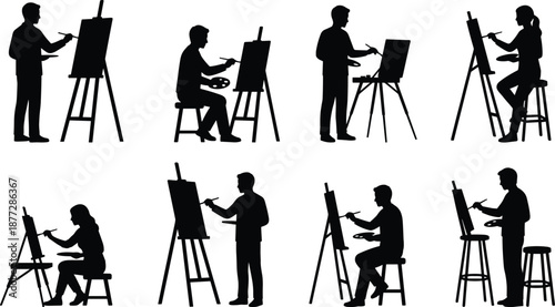 Collection of painter silhouettes working on easels, creative artists painting on canvas, studio art concepts, education, creativity, fine arts, and artistic profession illustration