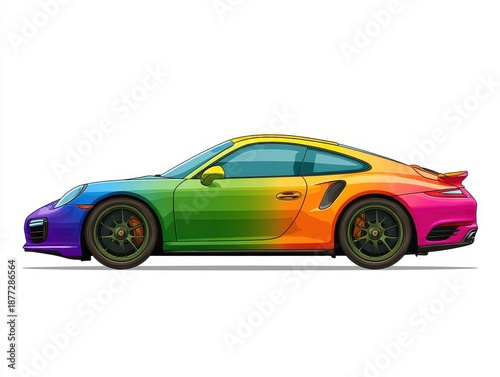 Modern Sports Car Featuring A Vibrant Rainbow Gradient Paint Scheme And Performance Wheels