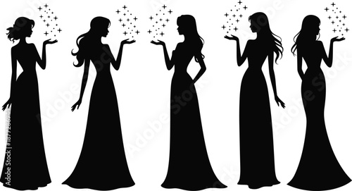 Elegant women silhouettes blowing magic sparkles, fantasy beauty concept, feminine power, glamour style, black and white vector illustration
