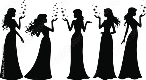 Elegant women silhouettes with magical sparkles, fantasy beauty concept, feminine elegance, glamour fashion style, black and white vector illustration