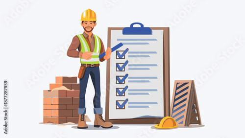Construction worker with clipboard checklist in hand standing on building site