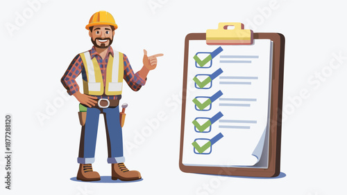 Construction worker presenting checklist on clipboard confidently
