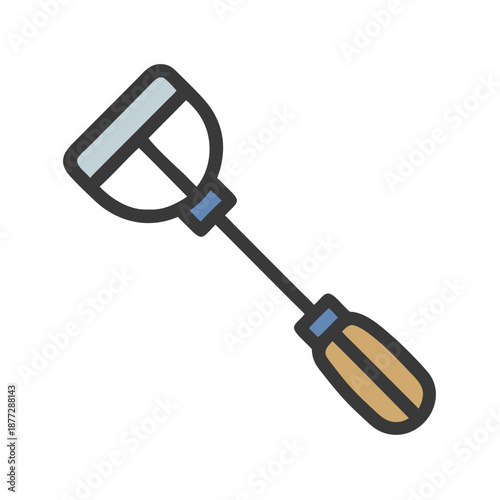 Illustrated garden hoe tool in outlined style on black backdrop