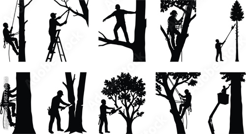 Collection of arborist and tree service worker silhouettes cutting, pruning, and climbing trees, professional forestry and landscaping activities isolated on white background