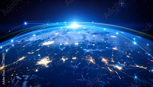 Vibrant digital world globe shows glowing city lights and connected dots against starlight