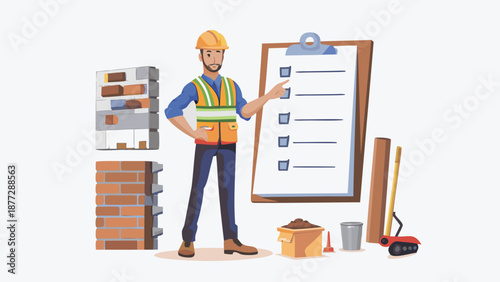 Construction worker with checklist and building materials on site