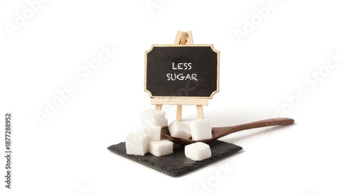 Sugar cubes on slate plate with less sugar message on chalkboard