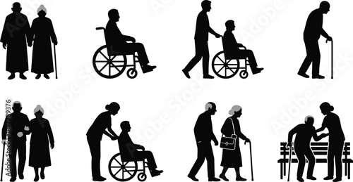 Elderly care silhouette set showing seniors with caregivers, walking aids, wheelchairs, and daily assistance activities, black isolated icons for healthcare, retirement