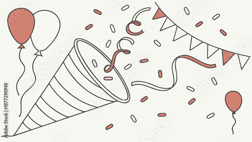 Celebration popper exploding with confetti and balloons, festive party atmosphere