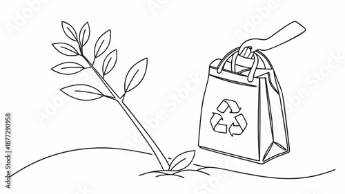 Hand holding a recyclable bag next to a growing plant, symbolizing environmental care and sustainability.