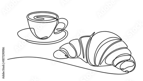 Simple line drawing of a croissant and coffee cup, a minimalist breakfast.