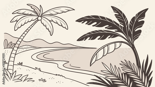 Serene tropical beach with palm trees and winding shoreline