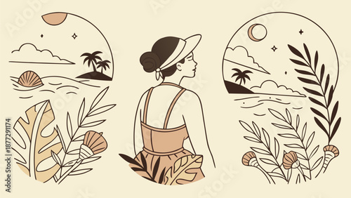 Woman in summer dress enjoying serene tropical landscape