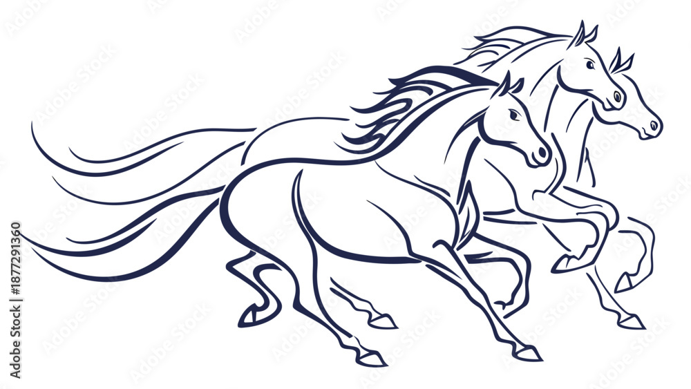 Obraz premium Dynamic illustration of three horses galloping with flowing manes and tails in unison.
