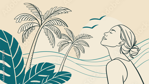 Serene woman enjoying tropical paradise with palm trees