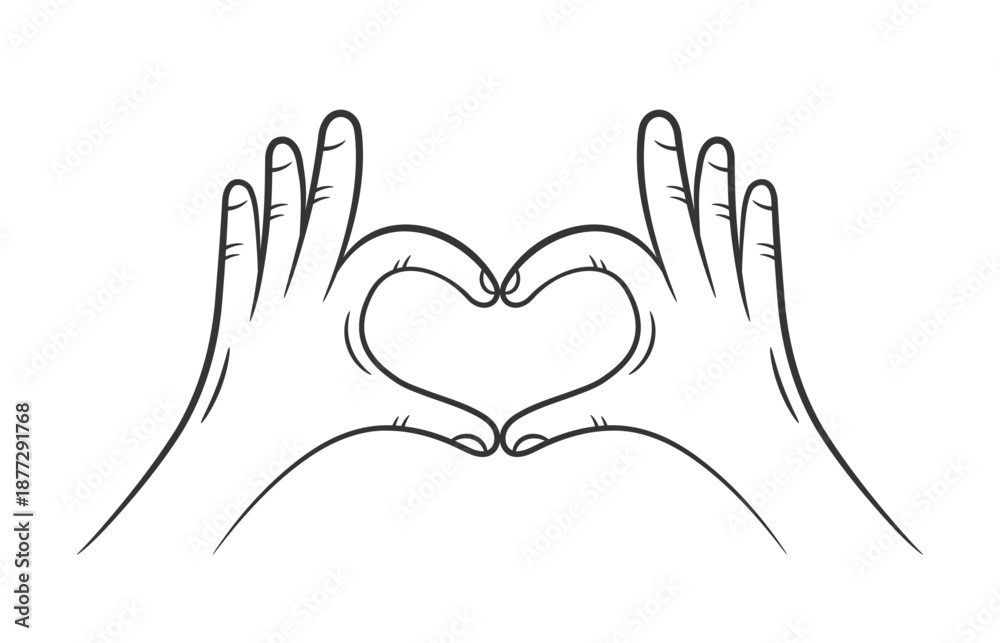Fototapeta premium Hands forming heart shape with fingers symbolizing love and care gesture, line drawing style