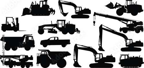 Construction vehicle silhouettes, heavy machinery set, excavator bulldozer crane loader dump truck, industrial equipment, vector illustration, engineering, transportation, design, collection