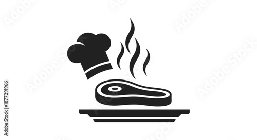 A chef's hat above a steaming steak on a plate, representing cooking or a restaurant.