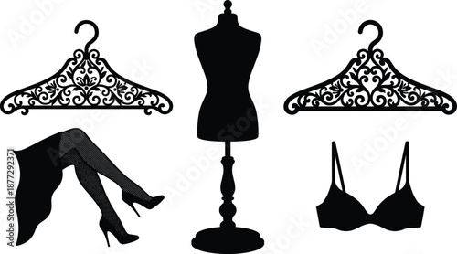 Fashion silhouettes set with dress form mannequin, lingerie, stockings, heels and decorative hangers, elegant female clothing and apparel illustration for boutique, style, and design concepts