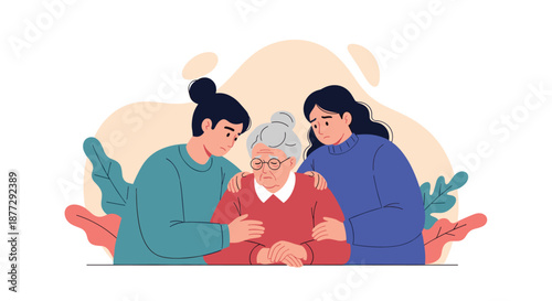 Two caring young women offering support and comfort to a sad or ill elderly woman by touching her shoulders and hands with compassion.