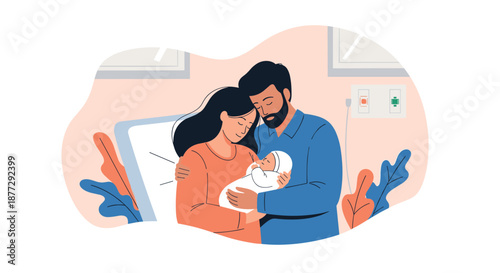 Loving young mother and father tenderly holding their newborn baby wrapped in a white blanket in a hospital or home nursery.