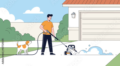 Man using high-pressure power washer to clean residential concrete driveway with his pet dog watching from the side yard.