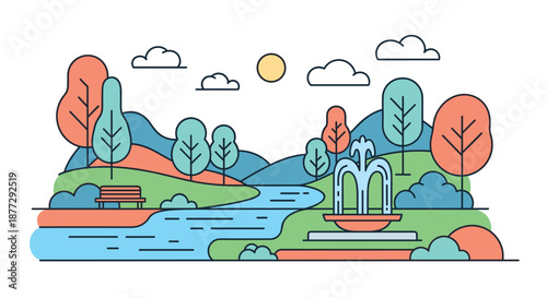 Serene public park landscape featuring flowing river, traditional stone fountain, wooden benches, and colorful autumn trees under sunny sky.