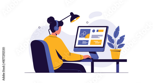 Focused individual working or studying at computer desk under lamp light in quiet home or office environment.