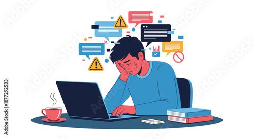 Stressed professional man overwhelmed by constant digital notifications, emails, and alerts while working at his home office desk.