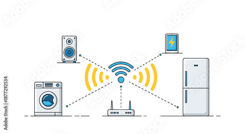 Smart home automation concept showing various household appliances like washing machine, speaker, and refrigerator connected to wifi router.