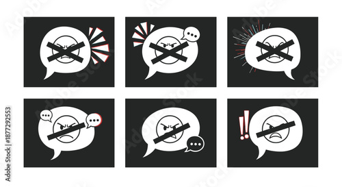 Various warning symbols and crossed out speech bubbles representing the prevention and censorship of online hate speech.