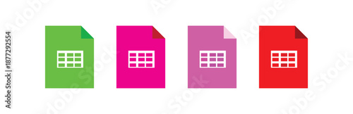 Set of four colorful file icons with grid symbols, representing spreadsheet documents, isolated on a white background with a transparent background version available for seamless integration.