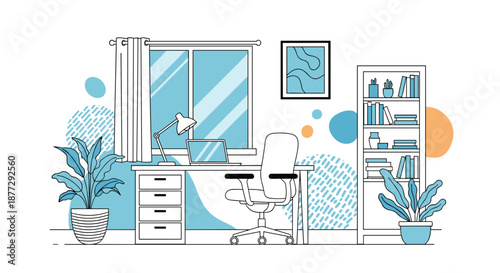 Clean and bright modern home office workspace featuring organized desk, laptop, ergonomic chair, and tall bookshelf by window.