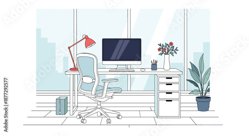 Contemporary minimalist office desk setup positioned in front of large window with panoramic city skyline views during daytime.